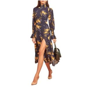 Reformation Navy and Yellow Floral Midi Dress